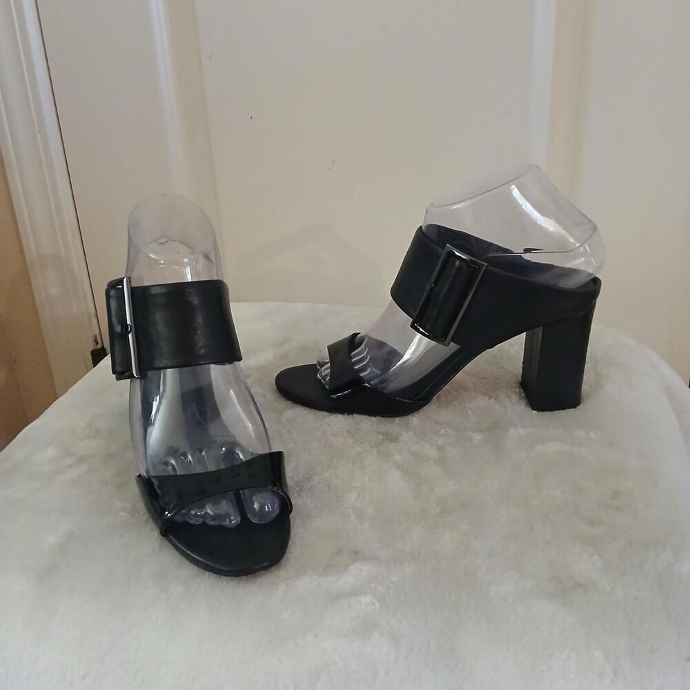 VANELi Black Mcbling Buckle Chunky Block Heel Mules 7.5 Old Money Luxury Office